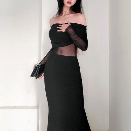 binfenxie Strapless Black Sexy Women's Dress Lace Patchwork Long Sleeves Bodycon Autumn Long Dresses Streetwear Elegant Party Clubwear