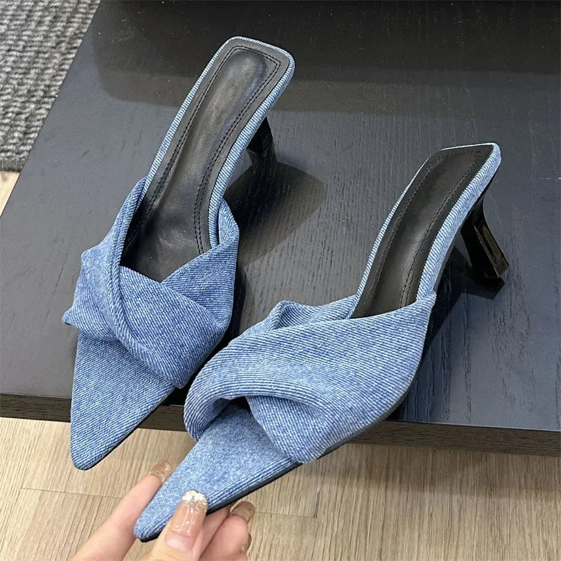 binfenxie Fashion Design Pleated Pointed Toe Women Slippers Elegant Thin Low Heels Summer Female Slide Shoes