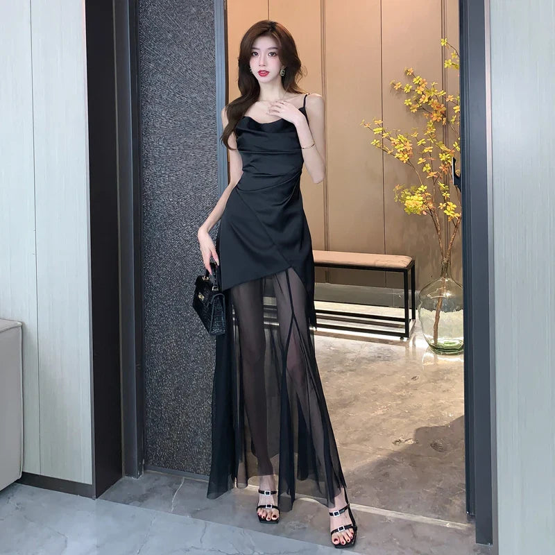 New Korean Black Spaghetti Strap Midi Dresses for Women Elegant Party Fashion Sleeveless Patchwork Sexy Slim Female Clothes