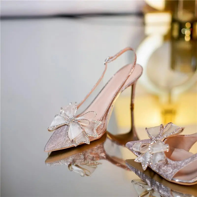 Footwear Closed Sandals for Women Thin Heels Ladies Shoes Stiletto Summer Diamond Bow Silver Rhinestones Pointed Toe Sandal