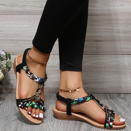 Women Wedges Bohemian Sandals Summer Flower Non Slip Beach Sandalias Mujer Elastic Band Low Heels Roman Shoes Woman