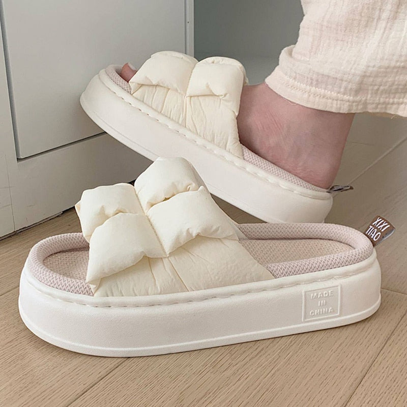 Women Slippers Summer Four Seasons Checked 4cm Thick Soft Sole Linen Slippers Indoor Home Bedroom Couple Floor Slippers