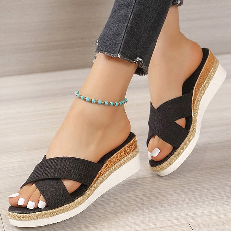 Women Sandals Hemp Wedge Heels Sandalias Mujer Platform Sandals Summer Wedges Shoes For Women Summer Footwear Women Slippers