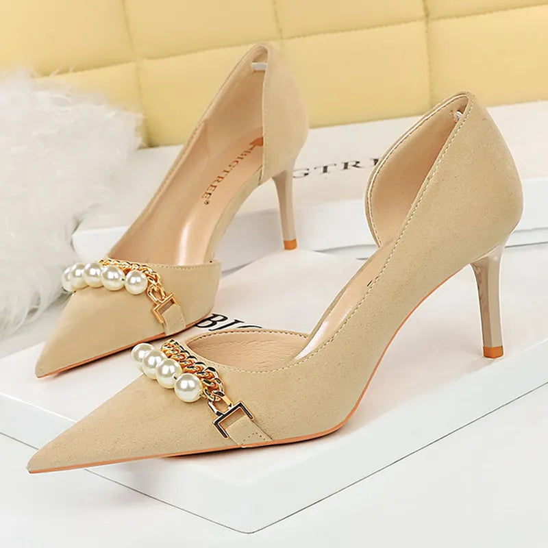 Shoes  Spring Women Pumps Pearl Metal Chain High-heels Checked Grain Stilettos Women Heels Luxury Banquet Shoes 43