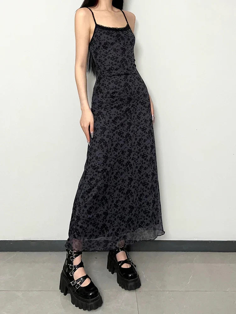 binfenxie Vintage Y2K Summer Long Dresses Grunge Streetwear Loose Fit Spaghetti Strap Maxi Dress Retro Costume 2000s Fashion