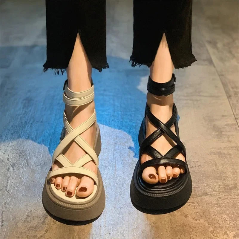 binfenxie Thick Heel Women Sandals Women's New Hollow Open Toe Shoes Fashion Casual Sandals Female Designer Flat Roman Shoes Summer