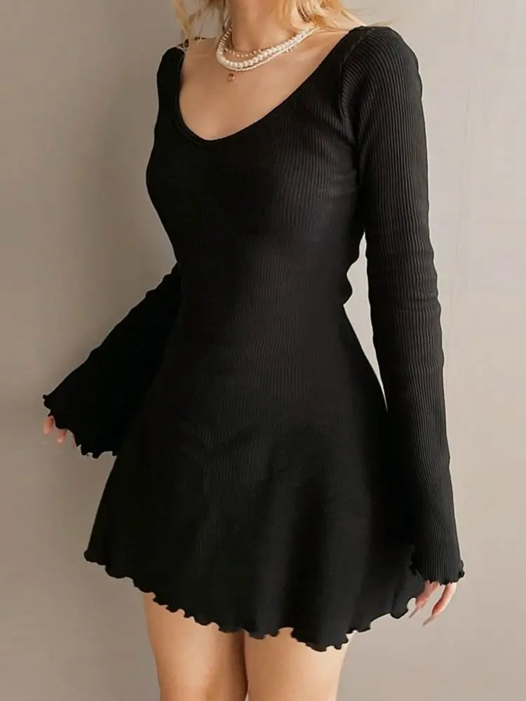 binfenxie Elegant Solid Knitted Dresses Fashion Women Black Bodycon Autumn Winter Long Sleeve Mini Dress Retro vestido feminino