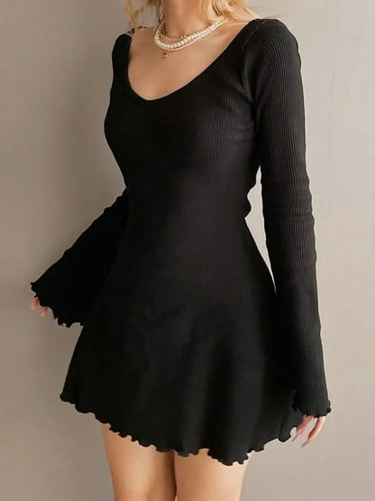 binfenxie Elegant Solid Knitted Dresses Fashion Women Black Bodycon Autumn Winter Long Sleeve Mini Dress Retro vestido feminino