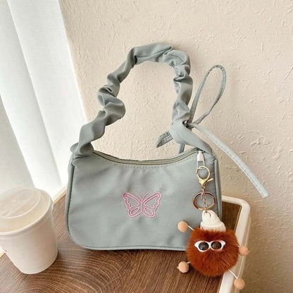 binfenxie Embroidery Bowknot Butterfly Shoulder Bag Y2k Style Ruffle Handle Nylon Bow Tote Bag Makeup Lipstick Bag Handbag