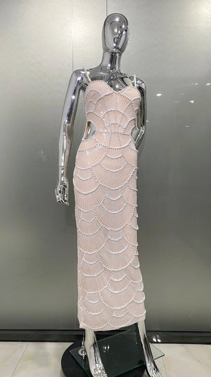 High Quality Women Sexy Pearl Beading Sequins Bodycon Mid-calf Dress Fashion Celebrate Evening Party Birthday Dress