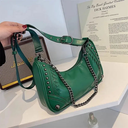 binfenxie Gothic Bag Vintage Fashion Moto Biker Shoulder Bag Rock Style Metal Chain Pu Leather Casual Handbags for Women