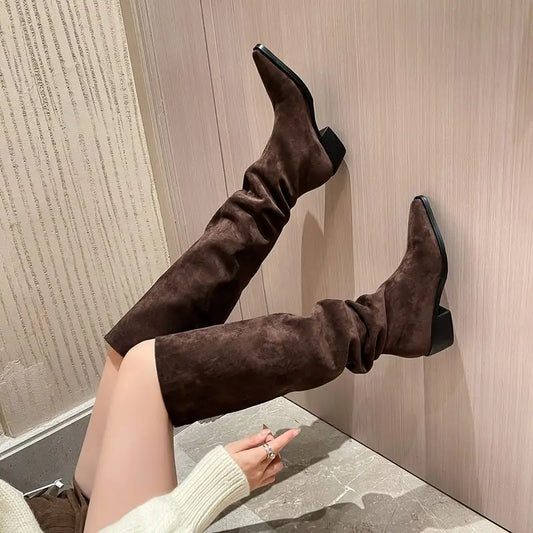 binfenxie  -  2024 New Faux Suede Over The Knee Boots Women Pointed Toe Pleated Thigh High Boots Fashion Long Botas Ladies Daily Shoe