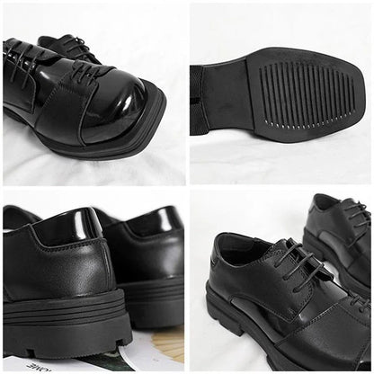 Men Genuine Leather Derby Shoes Vintage Square Toe Male Lace Up Platform Dress Shoes Black Business Footwear Wedding Shoes