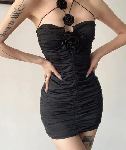 binfenxie Black Mysterious Sexy Mature Party Intellectual Feminine Rose Decorative Folds Charming Tight Women's Tube Top Dress