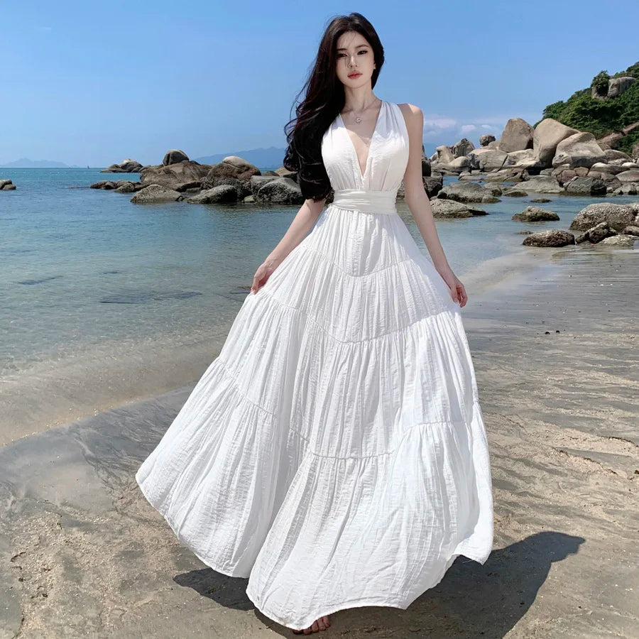 Sexy Backless Beach Holiday White Long Dresses for Women Summer New Korean Elegant Chic Sleeveless Casual Bandage Female Clothes