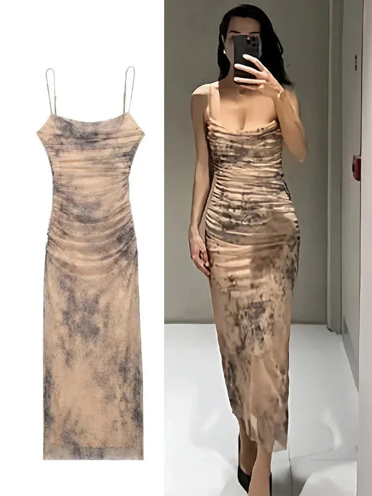 Women's Fashion Slim Dresses Print O-Neck Sleeveless Backless Pleated Decoration Zipper Female Long Dresses For Party