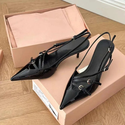 Summer New High Heels, Women's Sexy Hollow Black Silk Pointed One-line Buckle Skinny Heel Sandals, Women's Shoes