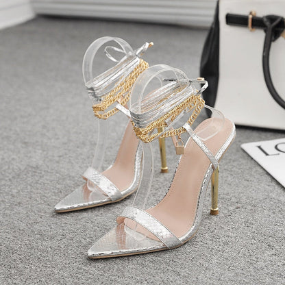 Summer  Sexy Luxury Trend Women Pumps Thin High Heel Peep Toe Ankle Lace Strap Metal Chain Decoration Ladies Shoes Female