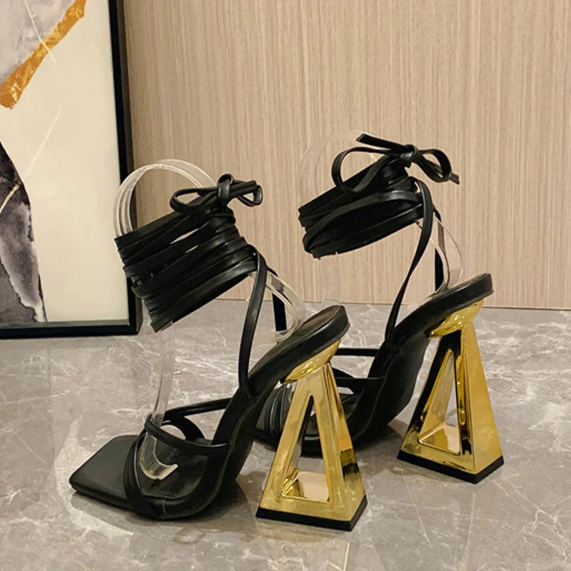 binfenxie New Style Chic Triangle Thick Heels Gladiator Sandals Women Summer Sexy Street Square Toe Cross-Tied Dress Party Gold Shoe