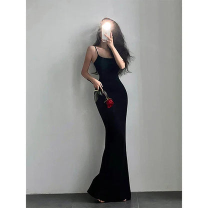 Vintage Sexy Slim Fit Slim Wrap Hip Fishtail Strap Dress Floor Sweeping Long Dress High Quality Fashion Vestidos Elegantes Robe