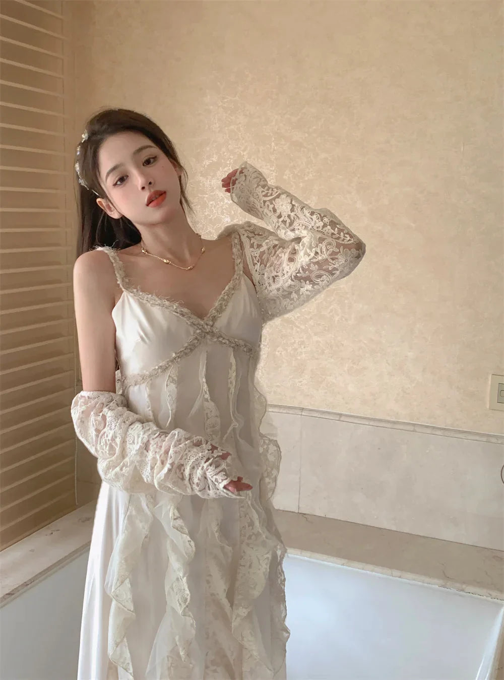  Summer Pure Color Office Lady Sweet Lace Long Dress Beach Style Y2k Travel Dress Women Elegant One Piece Dress Korean