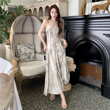 Summer Ink Painting Maxi Slip Dress Women Long Elegant Chinese Slim Flowy Formal Dresses for Wedding Guest Birthday Prom