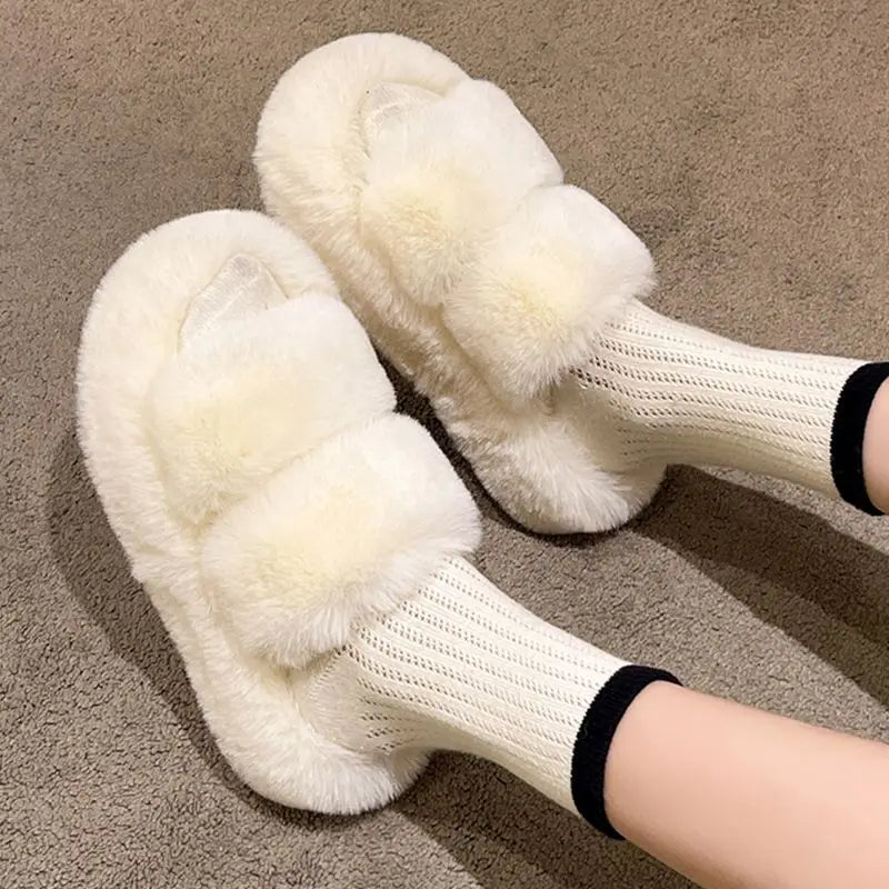 Winter Fluffy Slippers Women New House Home Fur Slippers For Women Flat Platform Cozy Fuzzy Indoor Shoes Korean Slides