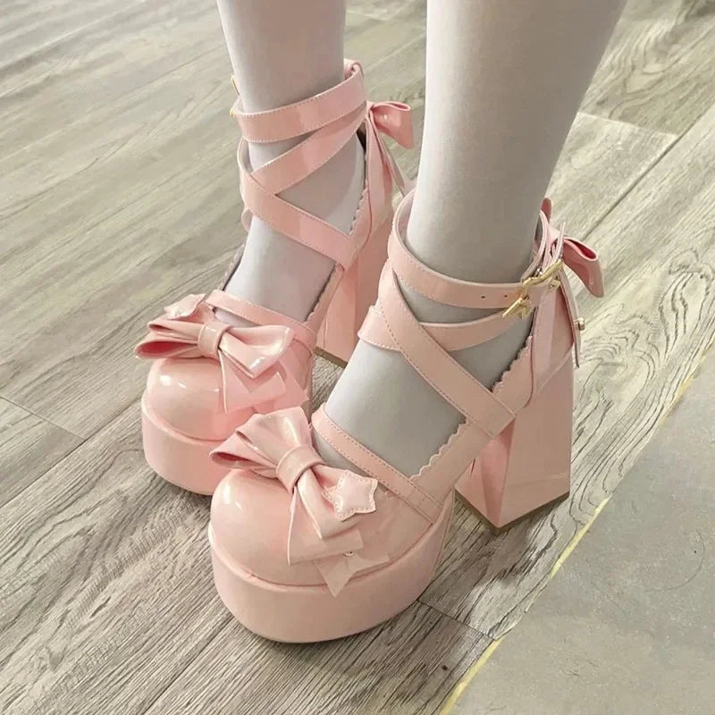 Futurecen 2024 Lolita Shoes Women Mary Janes High Heels Shoes Chunky Sandals Summer Fashion Retro Bow Party Platform Pumps