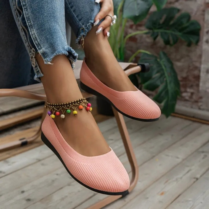 Spring and Autumn New Outwear Solid Color Oversized Shallow Cut Shoes Women's Knitted Comfort Flat Shoes Women