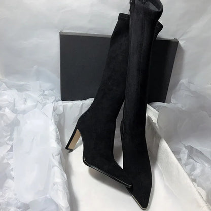 Winter Suede Long Boots Women Shoes Fashion Pointed Toe Knee High Bootties Ladies Sexy Thin High Heel Shoes