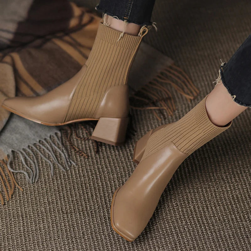 Autumn Winter Ankle Socks Shoes Women Fashion Short Boots Knitted Short Boots Women Slip On High Heels Botas De Mujer