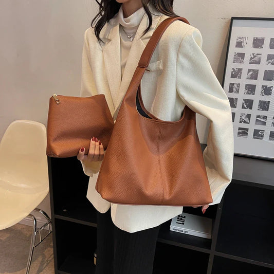 binfenxie  Simple Fashion Single Shoulder Tote Bag Set For Women Soft Leather Pure Color 2-In-1 Large Capacity Shopper Tote Handbags Female