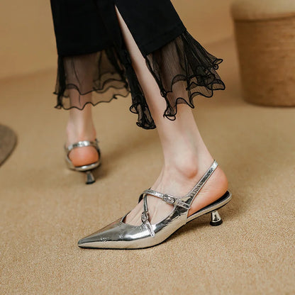 binfenxie Sheepskin Woman Pumps French Style Mules Spring Autumn Simple Shoes Elegant Heel Shoes Woman Gold Silver Summer Sandals