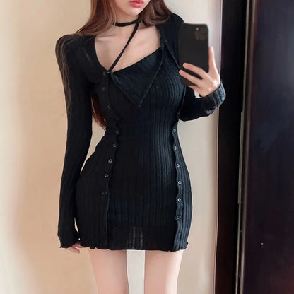 binfenxie Autumn And Winter  Irregular Knit Dress For Women Sexy Fashion New Collar Show Slim Waist Dresses Ins