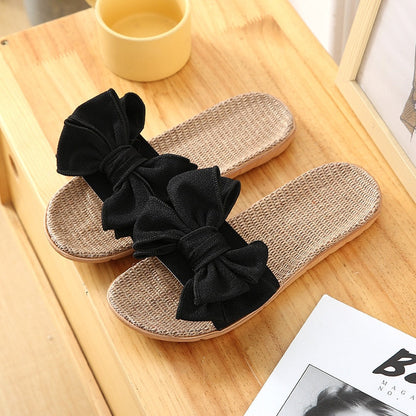 Women Summer Casual Slides Comfortable Flax Slippers Striped Bow Linen Flip Flops Platform Sandals Ladies Indoor Shoes