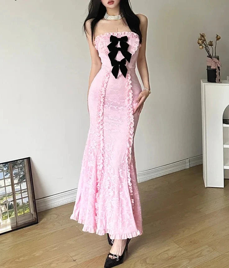 Winter Bachelor Party Formal Pink Sweet Tight Sexy Mature Beautiful Confident Women'S Long Pleated Chest Wrap Dress