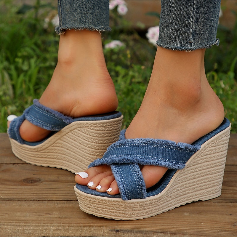 Cross Strap High Wedge Slippers Women Summer Blue Denim Chunky Platform Sandals Woman Non Slip Thick Sole Slides Flip Flops