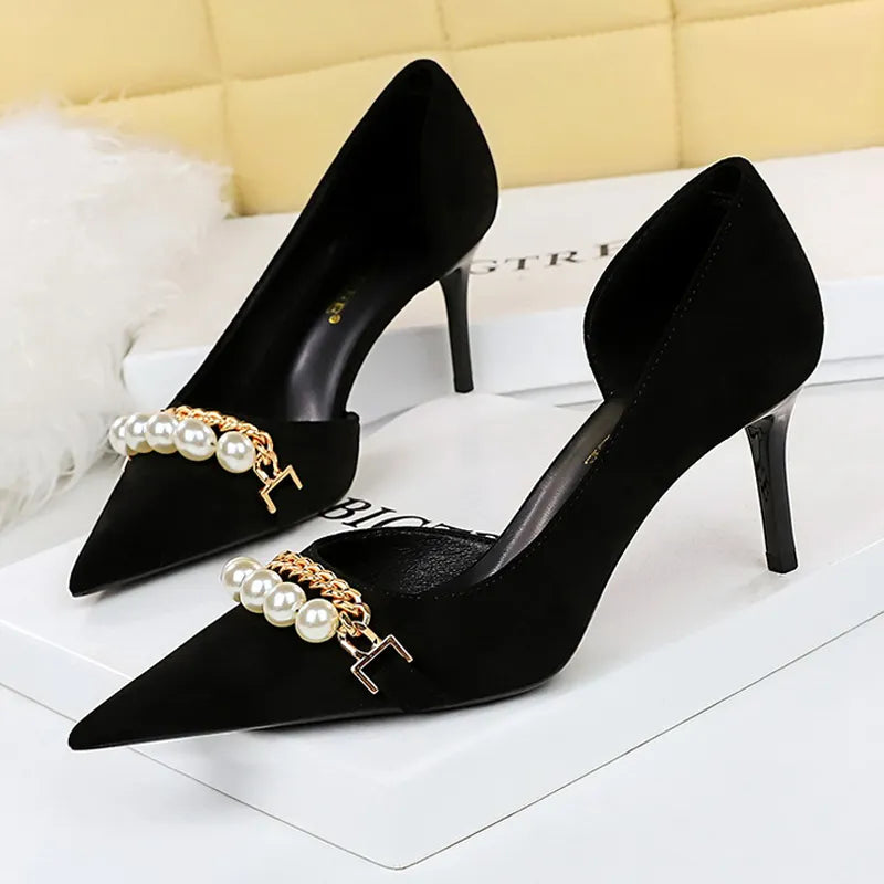 Shoes  Spring Women Pumps Pearl Metal Chain High-heels Checked Grain Stilettos Women Heels Luxury Banquet Shoes 43