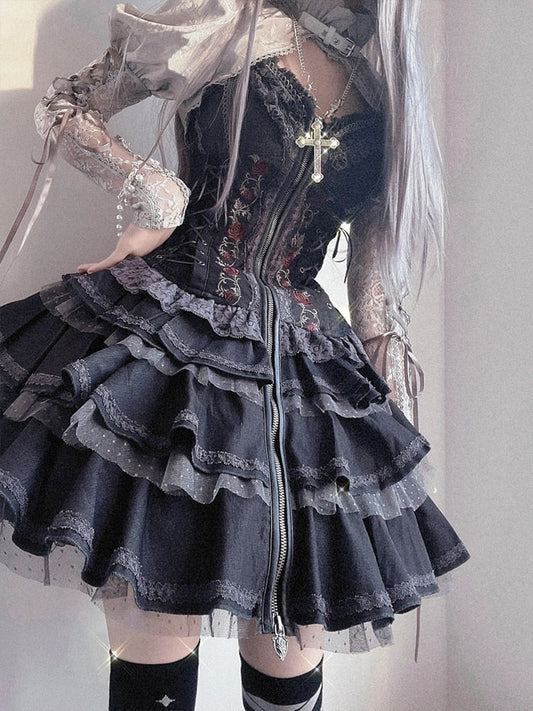 Sweet Gothic Girl  Dress Lolita Princess Female Summer Elegant Goth Sexy Lady Lolitas Suspender Dress Fashion Victorian