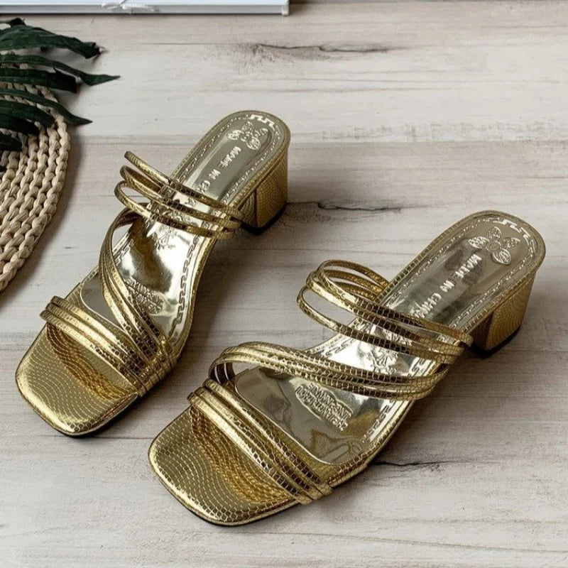 binfenxie Fashion Large 42 Thick Heel Slippers for Women Summer New Gold Strap Square Head Party Slides Outside Roman Banquet Shoes