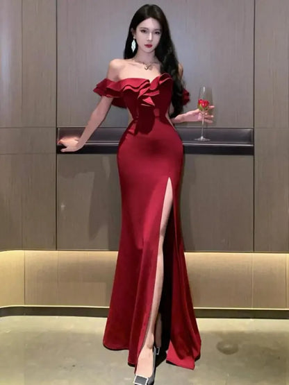 Women's Sexy Backless High Split Ruffles Wrapped Hip Dress, Elegant Luxury Off Shoulder Party Evening Dresses, Red, Summer