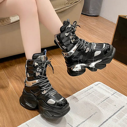 Fashion Women Chunky Platform Motorcycle Boots Lace Up Thick Bottom Ankle Botas Mujer High Top Punk Sneaker Shoes