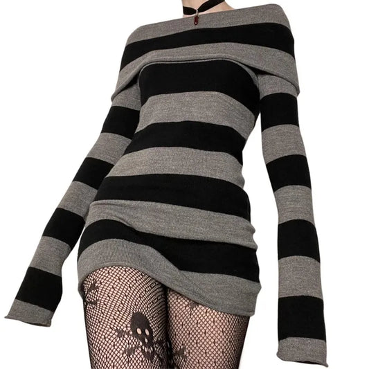 binfenxie Y2K Striped Sweater Mini Dress Mall Goth Grunge Emo Bodycon Chic Women Off Shoulder Full Sleeve Slim Fit Dresses 00s Vintage