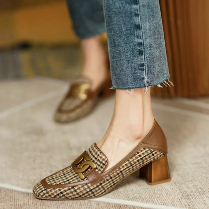 Futurecen  -  Women Loafers Square Toe Chunky Heel Shoes for Women Spring Women Shoes Lattice Women Pumps Cow Leather Handmade Shoes