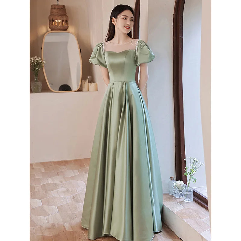 binfenxie Fairy Green Satin Prom Dress Puff Short Sleeve Lace-Up Floor Length Elegant  Evening Gown Plus Size Banquet Vestidos