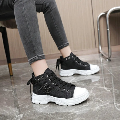 New Canvas High-top Women Shoes Spring Breathable Denim Sneakers Women Summer Thick Bottom Heightening Sports Casual Shoes