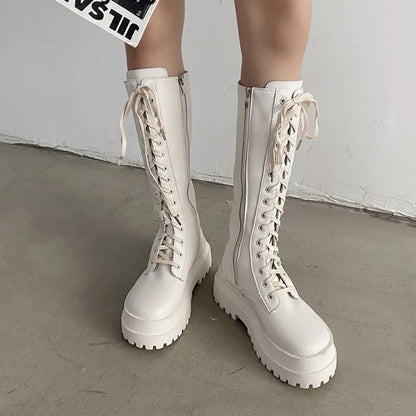 New Women Motorcycle Knee-high Boots Woman Fashion Thick Sole Platform Flats Heels Zipper Botas Femininas Long Booties