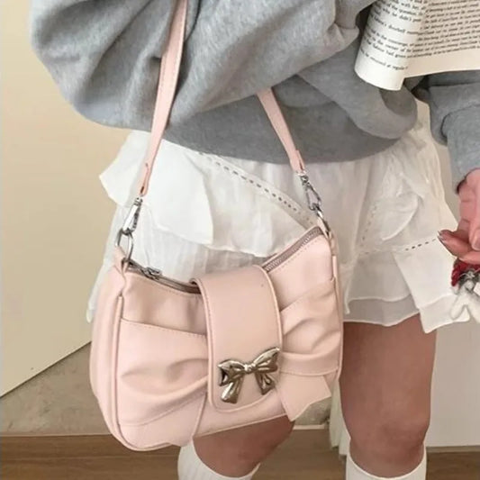 binfenxie Pink Bow Womens Shoulder Bag Korean Fashion College Style Elegant Handbag Square Pleated Sweet Casual Leather Armpit Bag