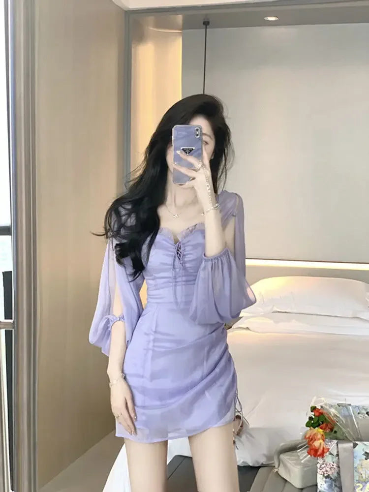 binfenxie Purple Fairy One Shoulder Dress Women New Summer Dress Waist Design Chiffon Ruffled Gauze Skirt Hip Skirt Women Clothing