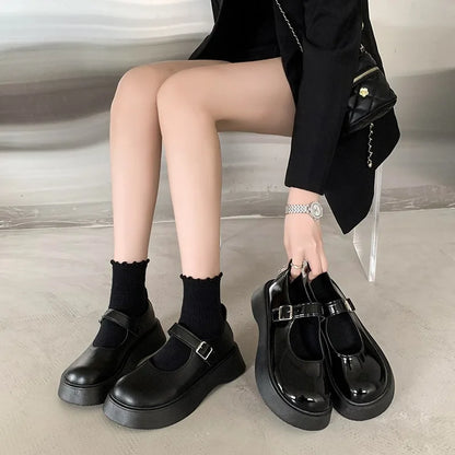 Futurecen  -  Chunky Platform Mary Jane Shoes for Women Patent Leather Lace Ankle Strap Pumps Woman Autumn Black Lolita Shoes